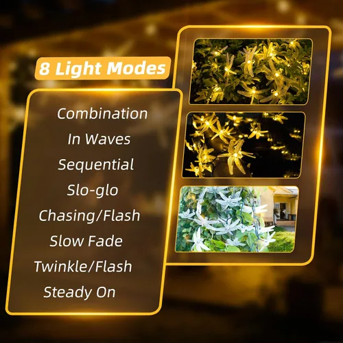Miniatura 3 de ASFSKY Luces solares de libélula al aire libre 50 LED libélula luces impermeables blanco cálido