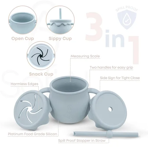 Miniatura 3 de Juego de alimentación de bebé de silicona no tóxica sin BPA – Placa de succión, cuenco, babero y taza – Juego de 11 piezas para bebés de 6 a 18 Azul
