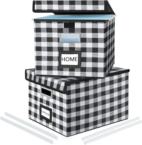 Miniatura 50 de Caja Organizadora de Archivos con Tapa, Caja Organizadora Plegable de Cuero Sintético para Carpetas Colgantes con Rieles de Plástico, Cajas (cuero)
