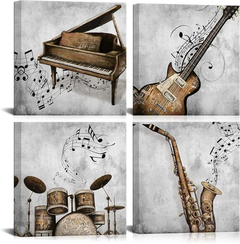 LoveHouse Arte de pared de música vintage, instrumentos retro, impresiones en lienzo, imágenes de piano, pinturas de guitarra, batería, saxofón,