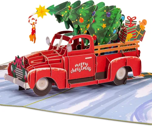 Paper Love Tarjeta de Navidad desplegable 3D, automóvil, regalo para Navidad o vacaciones, cubierta de 5 x 7 pulgadas, incluye sobre y etiqueta de