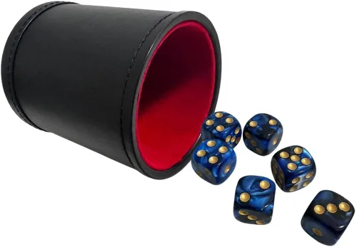 Miniatura 16 de Juego de tazas de dados de piel sintética y forro de fieltro, agitación silenciosa para juegos de dados Yahtzee Farkle Liars, incluye seis dados