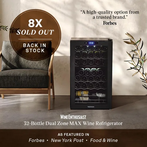 Miniatura 4 de Wine Enthusiast Enfriador de vino con compresor MAX de doble zona de 32 botellas, mini refrigerador independiente con pantalla táctil digital