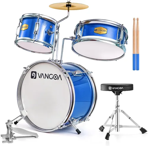 Juego de batería para niños, kits de batería para principiantes de 14 pulgadas, juego de batería de 3 piezas para niños y niñas, con trono Azul