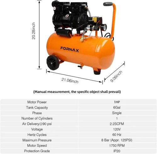 Miniatura 3 de FORNAX Compresor de aire portátil de 6.4 galones, 1 HP 2.2CFM@ 90 PSI compresor de aire libre de aceite, presión máxima 125 PSI, compresor