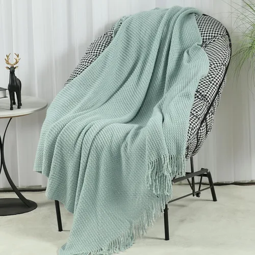 Miniatura 26 de Blagic Manta de punto para sofá, manta suave de estilo bohemio para otoño con borlas, manta ligera decorativa para el hogar, manta beige para cama