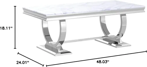 Miniatura 2 de Asday Mesa de centro plateada, mesa rectangular gris para sala de estar con base en U de metal espejo plateado, mesa de centro para sala de estar
