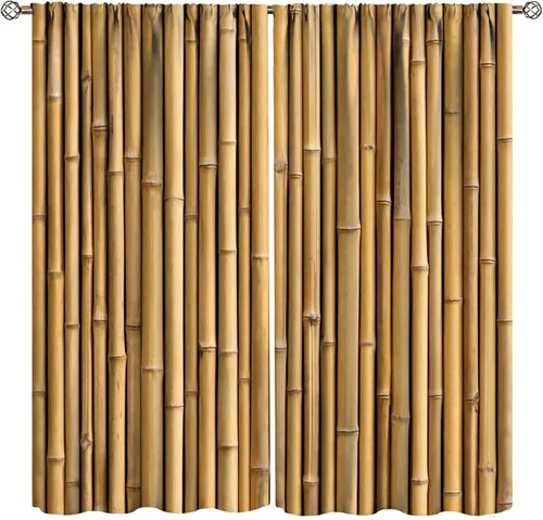 Miniatura 42 de Cortinas con estampado de bambú verde natural, plantas asiáticas, japonesas, tallos rústicos, hojas, cortina de selva con bolsillo para cortinero