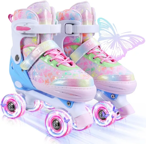 Patines de ruedas para niños, 4 tamaños ajustables con todas las ruedas iluminadas, patines de 10C a 8 patines para niños pequeños, principiantes,