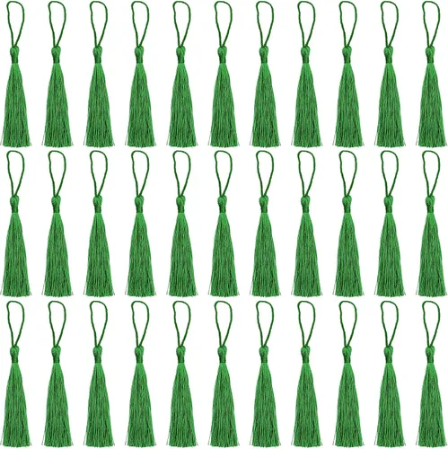 Miniatura 24 de VAPKER 30 borlas negras de 5.1 in/5 pulgadas, sedosas, hechas a mano, suaves, con lazo de cordón de 2 pulgadas para hacer joyas, proyectos