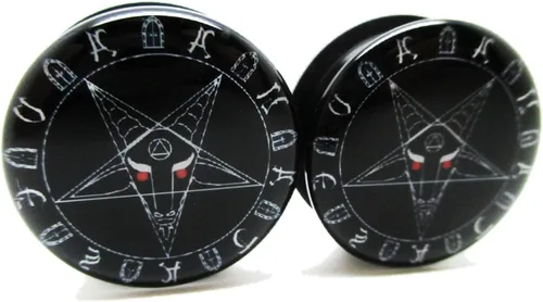 Pierced Republic Par de tapones para los oídos de pentagrama de Baphomet, color negro, 10 tamaños