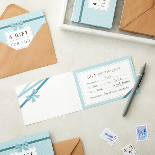 Miniatura 4 de Juvale Tarjetas de regalo en blanco, paquete de 36 unidades de 4 x 6 pulgadas, color azul, 250 GSM y sobres, certificados de regalo personalizables