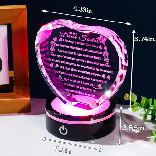 Miniatura 2 de YWHL Regalos de cumpleaños para hermanas con base LED colorida de corazón de cristal para mi hermana, regalo significativo para hermanas en Navidad