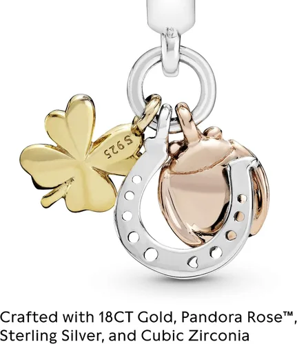 Miniatura 3 de PANDORA Joyería colgante de herradura trébol y mariquita en plata de ley oro de 18 quilates y oro rosa de 14 quilates Metal Circonita cúbica
