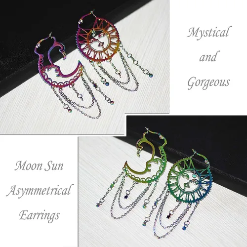 Miniatura 7 de Aretes asimétricos de sol y luna para mujer, aretes bohemios de arco iris, cadena de borla de estrella, aretes colgantes de acero inoxidable