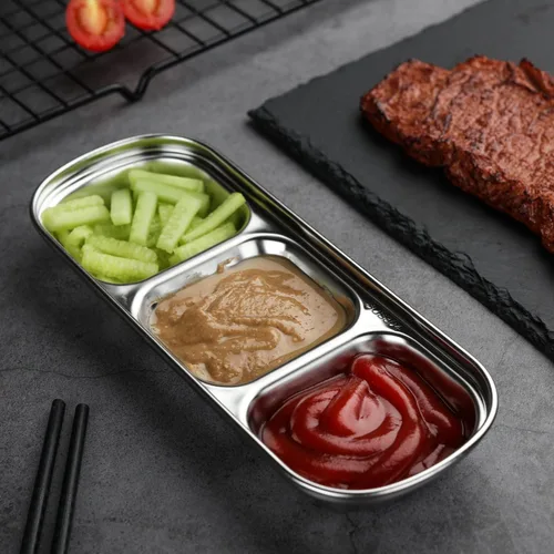 Miniatura 7 de 3 cuencos de acero inoxidable para salsa de soja, 3 rejillas divididas, platos de acompañamiento para salsa de soja, salsa de tomate, condimentos