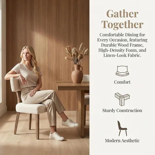 Miniatura 4 de VESCASA Juego de 2 sillas de comedor modernas de mediados de siglo, sillas de comedor tapizadas de lino con respaldo curvado ergonómico, patas