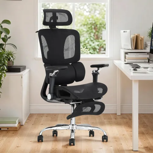 Miniatura 9 de Silla de oficina ergonómica con soporte lumbar dinámico de 3 zonas, silla de oficina de malla grande y alta con reposapiés, profundidad de asiento