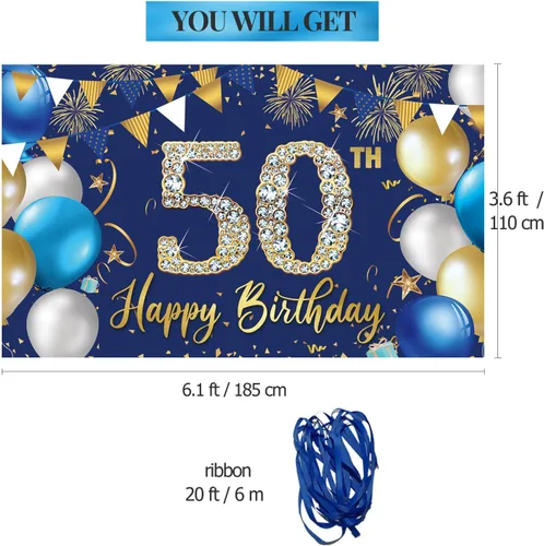 Miniatura 2 de Telón de fondo de decoración de cumpleaños 50 para hombres, decoraciones de feliz cumpleaños 50 para hombres, fondo azul para fotografía