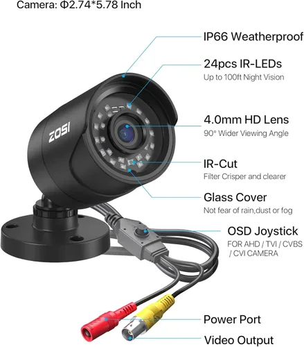 Miniatura 7 de ZOSI Cámara de Seguridad para el Hogar HD de 2MP 1080p para Exteriores e Interiores (Híbrida 4 en 1 HD-CVI/TVI/AHD/960H CVBS Analógica), Cámara