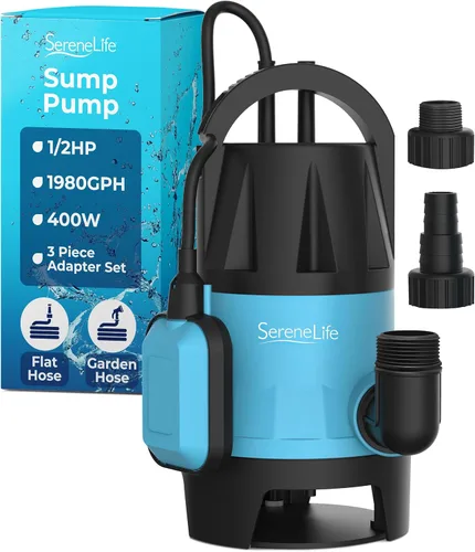 SereneLife Bomba sumergible de 400 W, agua sucia limpia, potente bomba de sumidero, interruptor de flotador automático, cable de 16 pies, sótano,