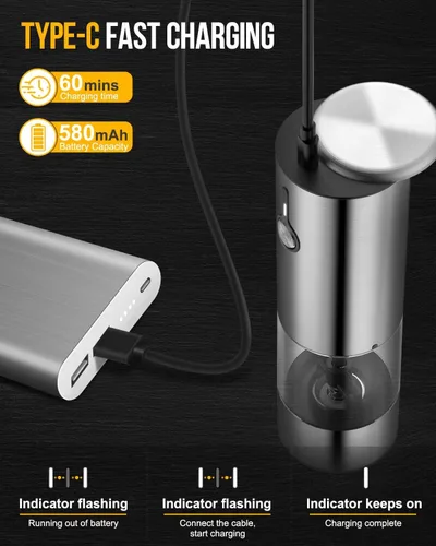 Miniatura 2 de [Gran capacidad mejorada de 2.33 oz] Juego de 2 molinillo eléctrico de sal y pimienta, recargable con 6 niveles de grosor ajustable, salero