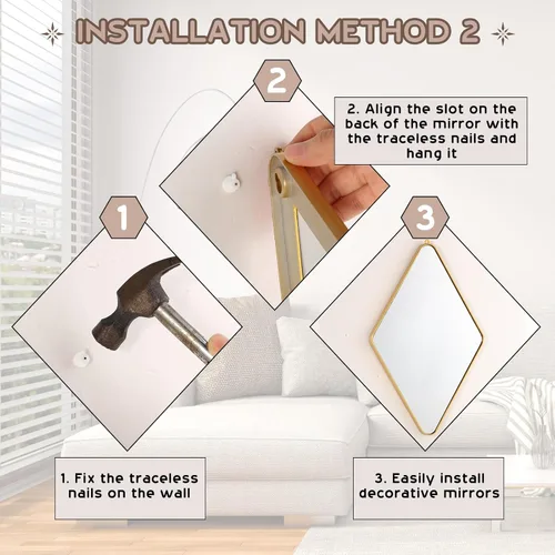 Miniatura 5 de Suzile Juego de 6 espejos de pared de diamantes con cadena para colgar con marco de mango de diamante, espejo de cadena decorativo para entradas