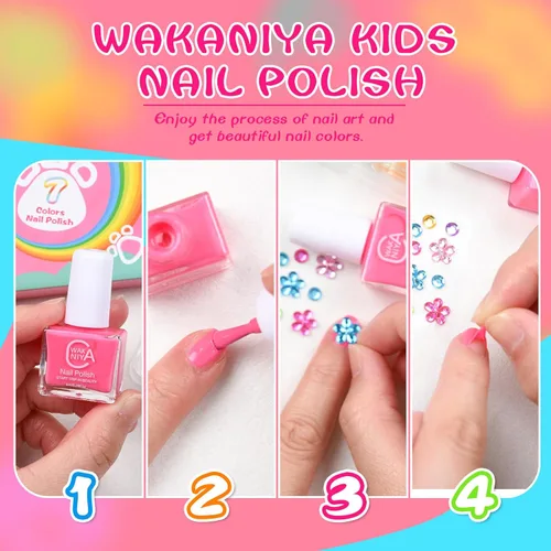 Miniatura 5 de wakaniya Juego de esmaltes de uñas no tóxicos para niñas con calcomanías de uñas de gemas, 7 colores despegables de bajo olor para niños pequeños 7