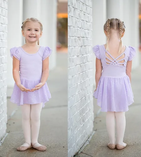Miniatura 5 de Arshiner Leotardo de ballet brillante con mangas con volantes y falda con espalda cruzada para niñas