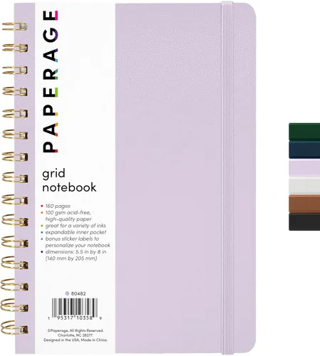 PAPERAGE - Libreta de espiral y diario con papel cuadriculado, (color lavanda), 160 páginas, tamaño mediano de 5.5 x 8 pulgadas - papel cuadriculado