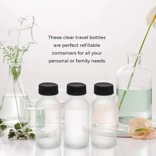 Miniatura 4 de Paquete de 6 botellas redondas de vidrio Boston transparente de 1 oz con tapa negra