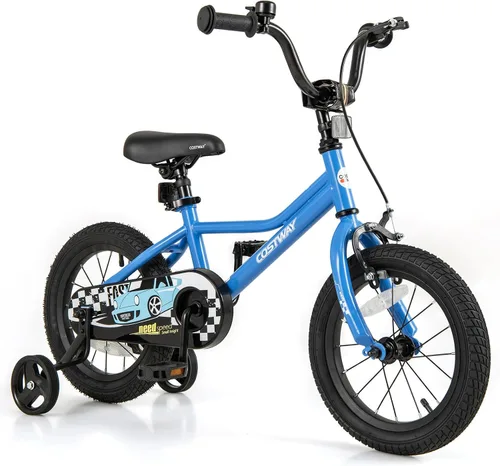 Miniatura 10 de COSTWAY Bicicleta para niños de 12/14/16/18 pulgadas, bicicleta de entrenamiento para niños y niñas con ruedas de entrenamiento extraíbles, Azul