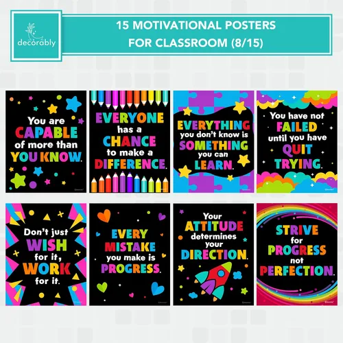 Miniatura 6 de Decorably 15 carteles motivacionales de pizarra para niños, 11 x 14 pulgadas, laminado mate, decoración de pared motivacional para aulas, tablones