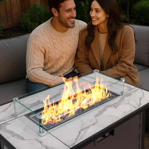 Miniatura 3 de Nuu Garden Mesa para fogata de propano para patio de 43 pulgadas, fogata de gas de 50,000 BTU con parte superior de vidrio texturizado de mármol