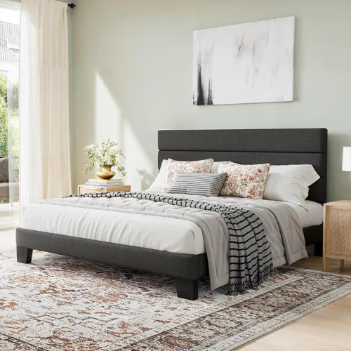Miniatura 9 de GOLDORO Base de cama de plataforma de tamaño individual con cabecera tapizada, soporte de listones de madera, no necesita somier, fácil montaje