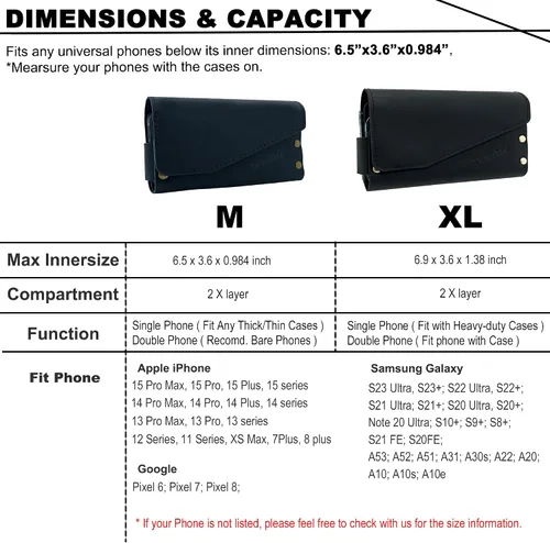 Miniatura 5 de Funda de cuero doble para teléfono para dos teléfonos, funda de teléfono doble para hombre, cinturón con clip para cinturón para iPhone 16 Pro Max