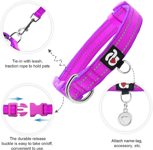 Miniatura 2 de azuza Collar reflectante para perro, de neopreno suave acolchado con anillo para etiqueta de identificación, ajustable para perros medianos, morado