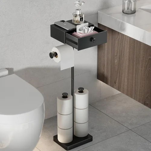 Miniatura 7 de VOLDRA Soporte de papel higiénico con estante dispensador de toallitas grises para baño, soporte de papel higiénico con diseño de cajón