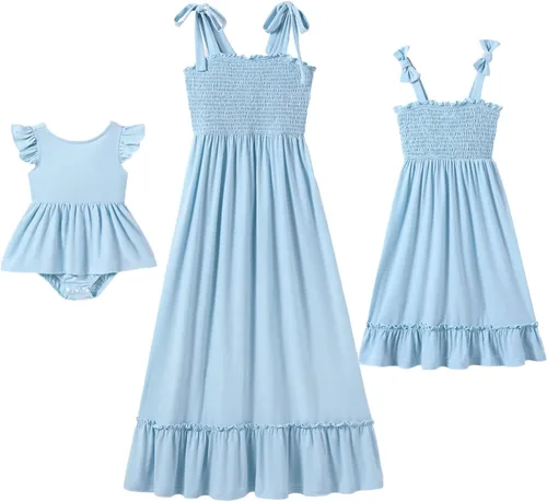 IFFEI Vestidos de verano para mamá y yo, trajes a juego con tirantes delgados, cuello cuadrado, volantes, acampanado, vestido largo para la playa