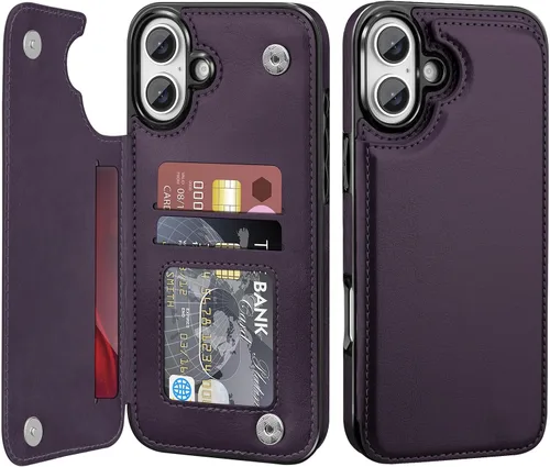 Miniatura 29 de Bizzib para iPhone 16 Plus funda tipo billetera con soporte para tarjetas, funda protectora a prueba de caídas y golpes de poliuretano premium