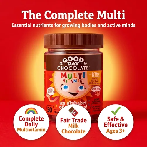 Miniatura 3 de Good Day Chocolate Multivitamínico completo para niños, suplemento diario de vitaminas A, B6, B12, C, D, E, folato y biotina, chocolate de comercio