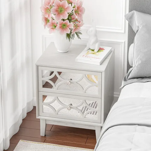 Miniatura 4 de COZAYH Moderna mesita de noche de 2 cajones con parte delantera espejada, elegante mesita de noche con patrón geométrico para dormitorio, gris claro