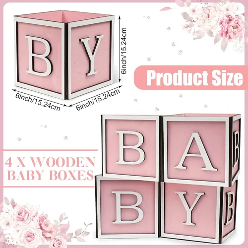 Miniatura 2 de Juego de 4 centros de mesa de baby shower para mesas, cajas de madera de 6 pulgadas con letras de bebé, cubos rústicos, bloques de madera para Rosa