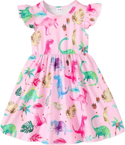 Happy Town Vestido de dinosaurio para niñas y bebés, con volantes, manga con volantes, tutú de dinosaurio, vestido casual de verano