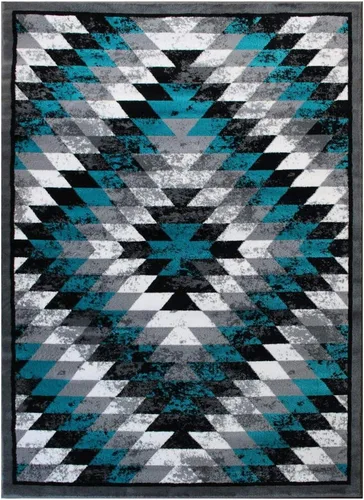 Miniatura 3 de Masada Rugs, Stephanie Collection - Alfombra de área del suroeste de nativos americanos, diseño envejecido 1106 turquesa, gris, blanco y negro