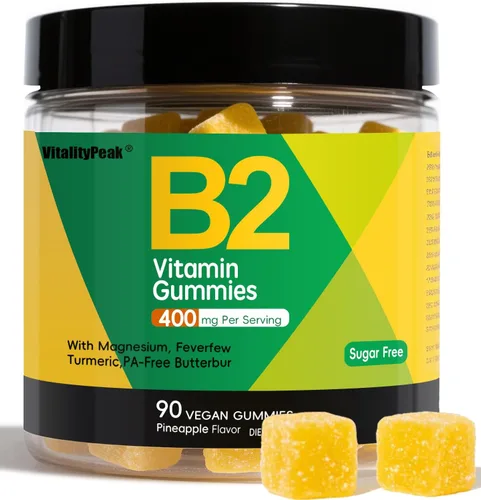 Gomitas de vitamina B2 de riboflavina de 400 mg para adultos y niños | Suplemento de migraña con magnesio, cúrcuma, pimienta de cayena, mantequilla