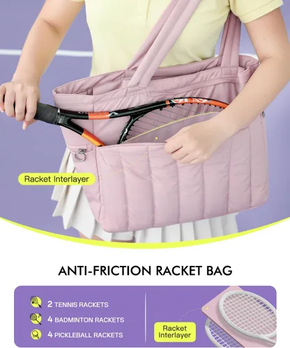 Miniatura 2 de Bolsa acolchada de tenis para mujer, bolsa de lona para gimnasio con compartimento para zapatos y bolsillo húmedo, se adapta de 2 a 4 raquetas y Rosa