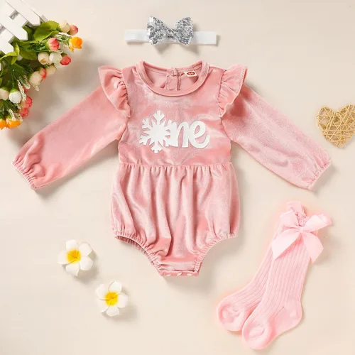 Miniatura 7 de GRNSHTS Ropa de primer cumpleaños para niña de terciopelo de un año de edad, mameluco de manga larga + diadema, 2 piezas de trajes de pastel
