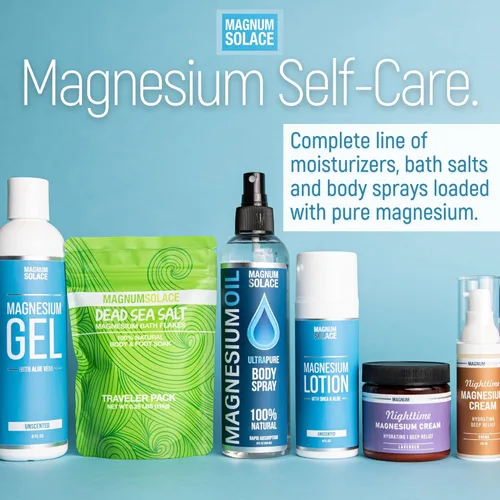 Miniatura 6 de Magnum Solace Loción de magnesio, súper concentrada, fabricada con aloe y karité, para calambres en las piernas, dolores musculares