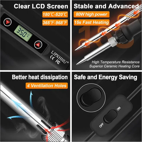 Miniatura 3 de Kit de soldador 80W LCD Temperatura ajustable 180-520℃ Kit de soldadura electrónicos 13 en 1 herramientas de soldadura con interruptor